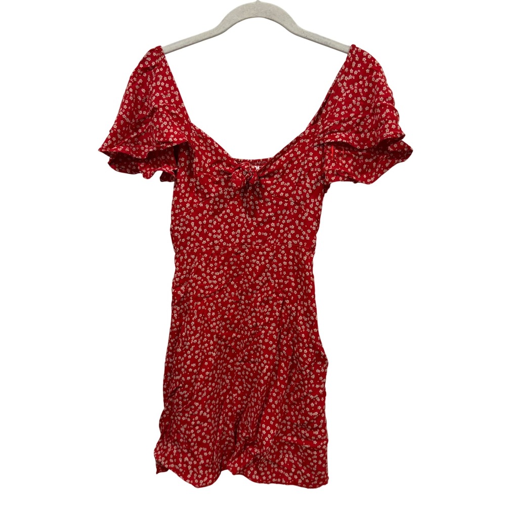 Zara‎ Z1975 Denim Red Floral Mini Dress Smocked Back Small Flutter Sleeve